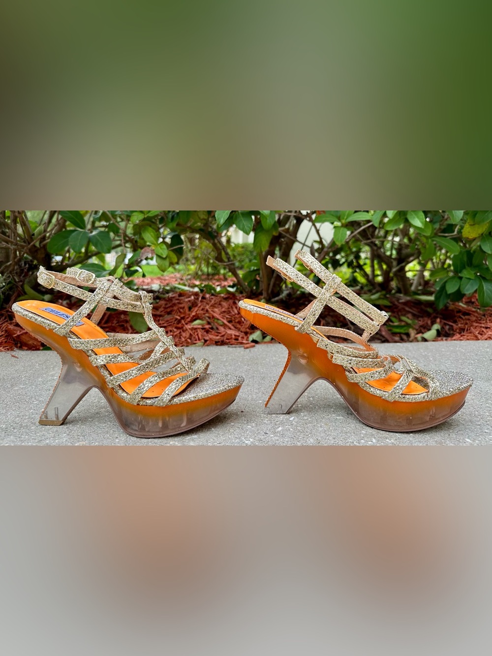 Vintage Celeste Gold Glitter Platform Heels Size 10 Clear Lucite Heel Y2K Party